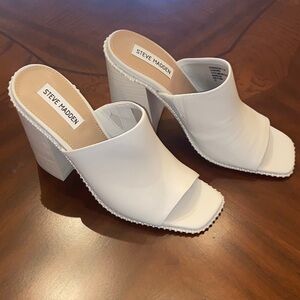 Steve Madden Cream Block Heel Mules With Pearl Trim